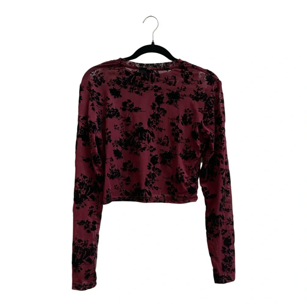 Deep Burgundy Crop Top with Black Floral Burnout Pattern